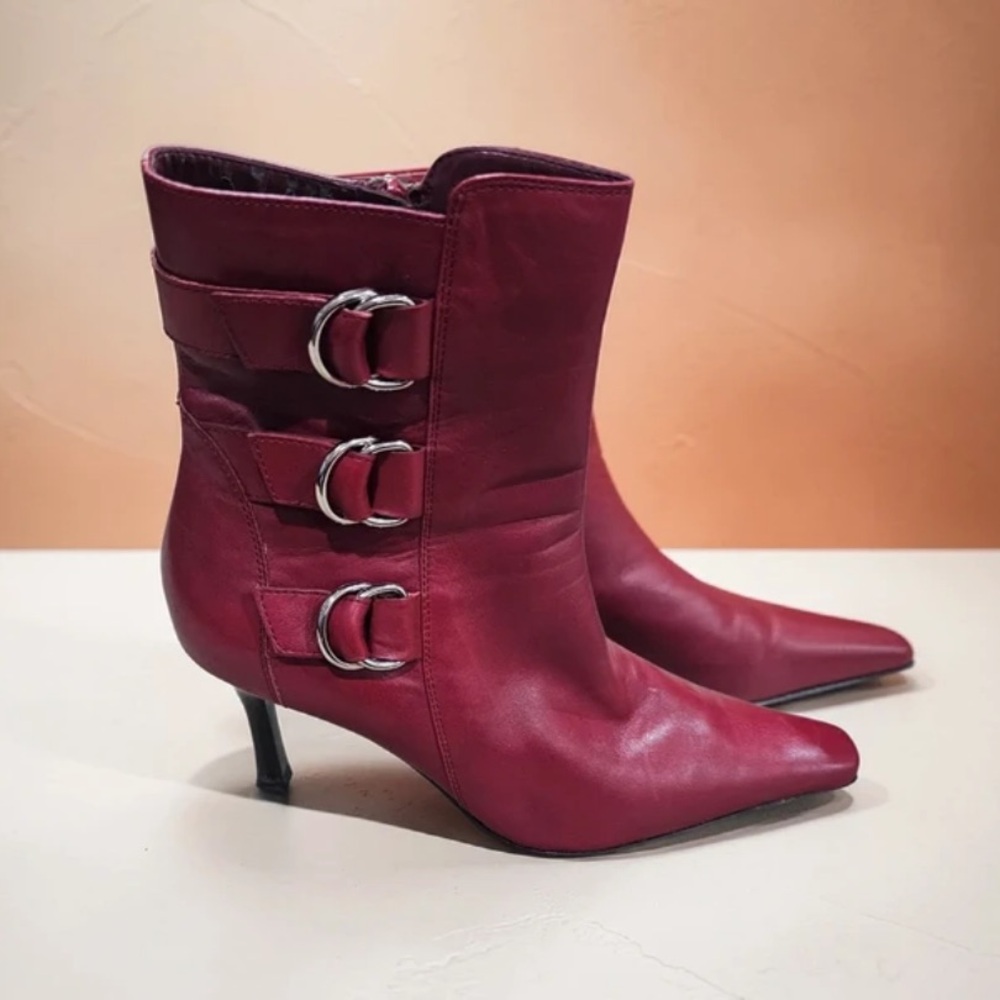 Valerie Stevens Wine Pointed-Toe Ankle Boots with Triple Silver Buckles